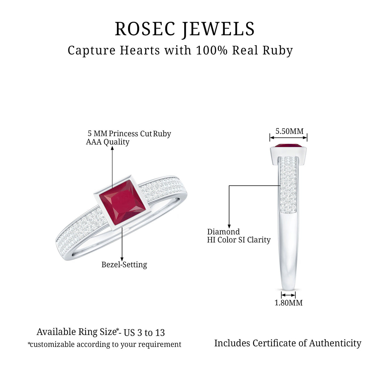 Natural 0.8 carat ruby princess cut engagement ring with diamond accents by Rosec Jewels, showcasing the elegant ring design.