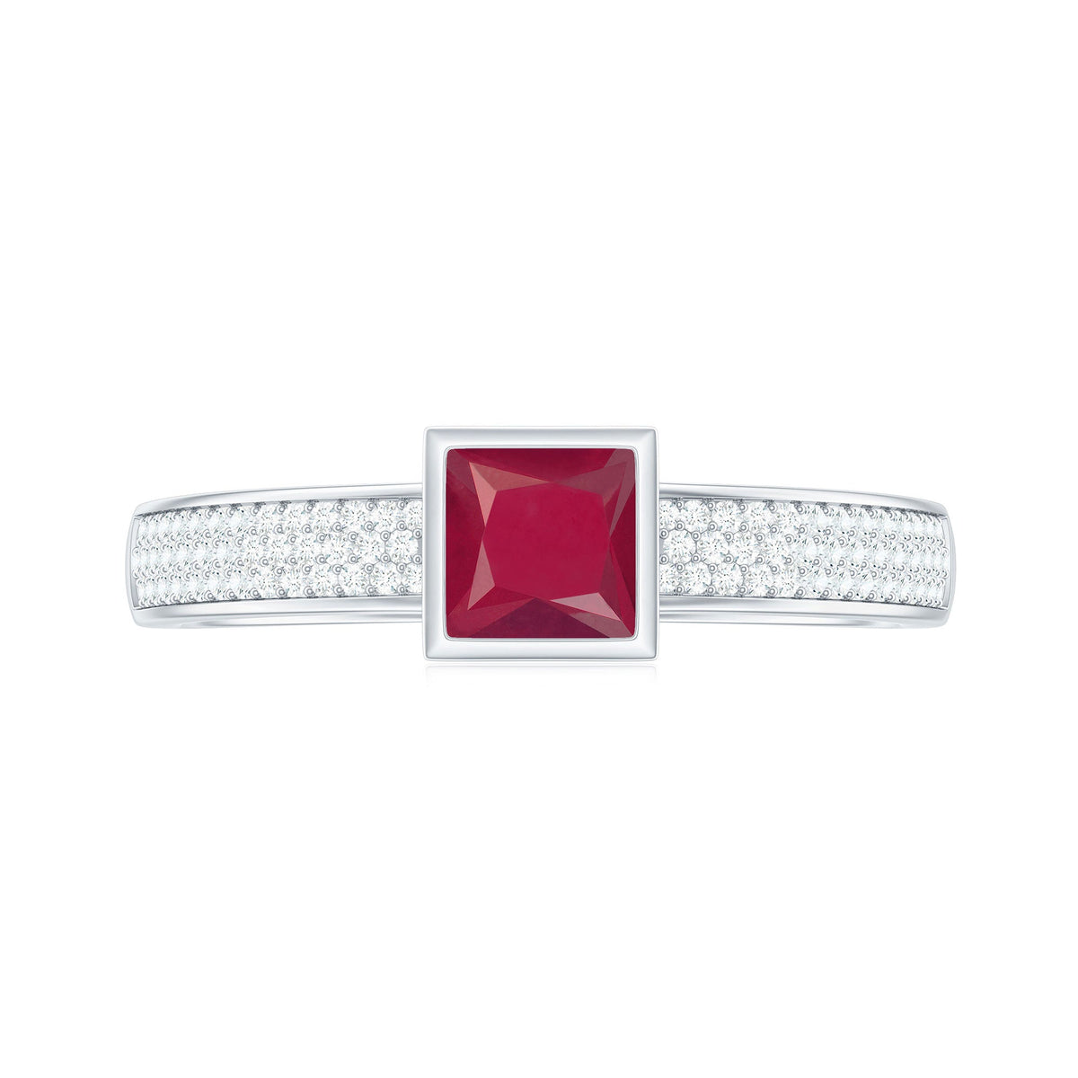 Natural 0.8 Carat Ruby princess cut engagement ring with diamond accent from Rosec Jewels, showcasing the elegant ring design.