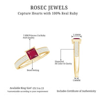 Natural 0.8 carat ruby princess cut engagement ring with diamond accents, featuring Rosec Jewels’ elegant ring design.
