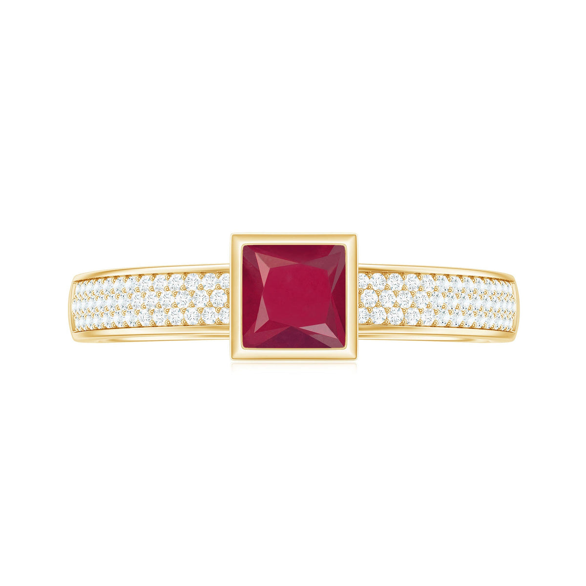 Natural 0.8 carat ruby princess cut engagement ring with diamond accent, featuring rose gold band from Rosec Jewels.