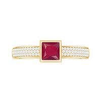 Natural 0.8 carat ruby princess cut engagement ring with diamond accent, featuring rose gold band from Rosec Jewels.