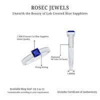 Rosec Jewels 5mm princess cut lab-created blue sapphire promise ring with diamond accent, showcasing the sparkling gemstone and elegant band.