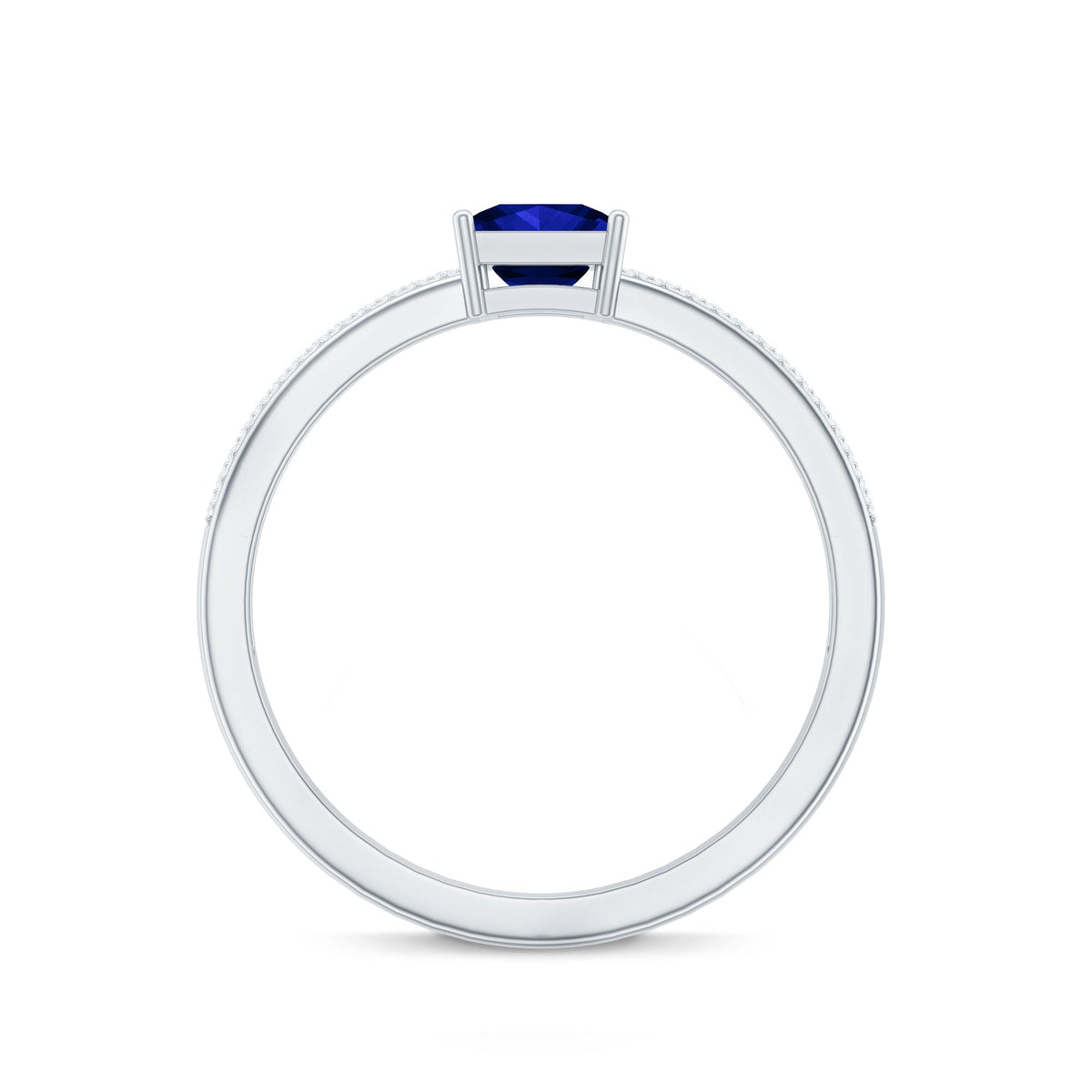 Rosec Jewels 5mm princess cut lab-created blue sapphire promise ring with small diamond accent, showcasing a silver band and elegant design.