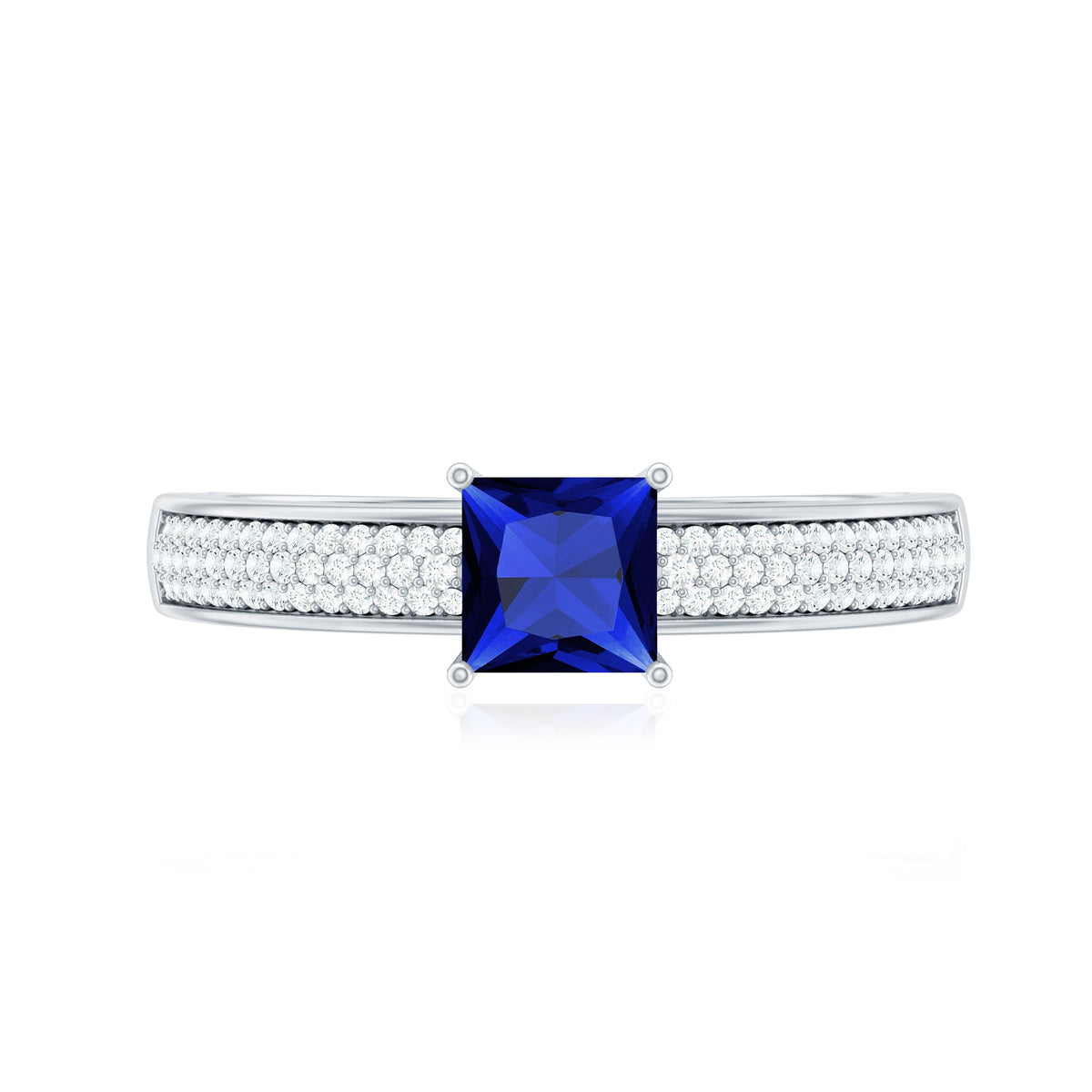 Rosec Jewels 5mm princess cut lab-created blue sapphire promise ring with diamond accents, showcasing a elegant and sparkling design.