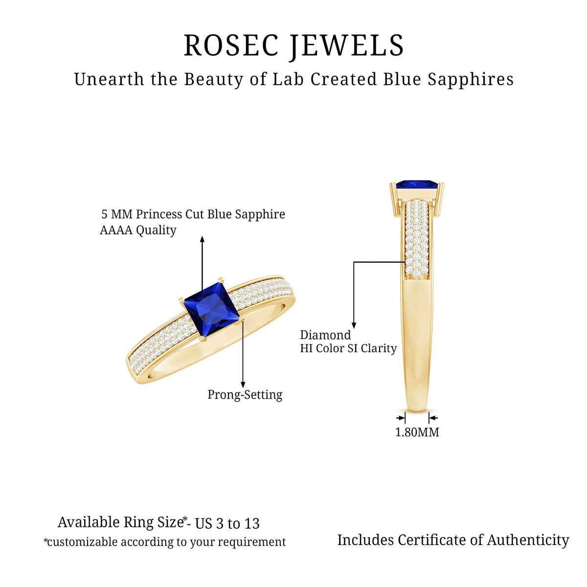 Rosec Jewels 5mm princess cut lab-created blue sapphire promise ring with diamond accent, showcasing elegant jewelry design.