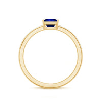 Rosec Jewels 5mm princess cut lab-created blue sapphire promise ring with diamond accent, showcasing elegant jewelry design.