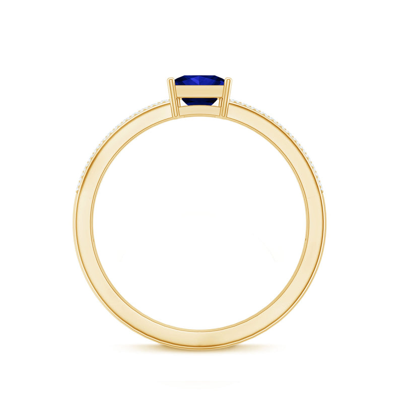 Rosec Jewels 5mm princess cut lab-created blue sapphire promise ring with diamond accent, showcasing elegant jewelry design.