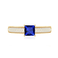 Rosec Jewels 5mm princess cut lab-created blue sapphire promise ring with diamond accents, showcasing the elegant ring design.