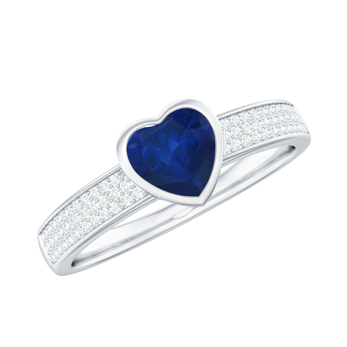 Blue sapphire heart solitaire engagement ring with pave diamonds by Rosec Jewels, featuring a stunning blue gemstone and sparkling accents.