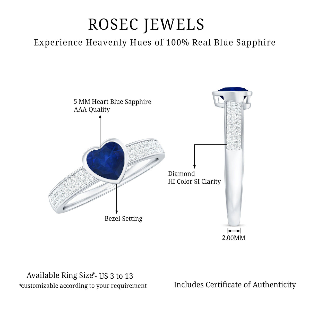 Blue sapphire heart solitaire engagement ring with pave diamond accents by Rosec Jewels, showcasing a stunning blue gemstone and intricate setting.