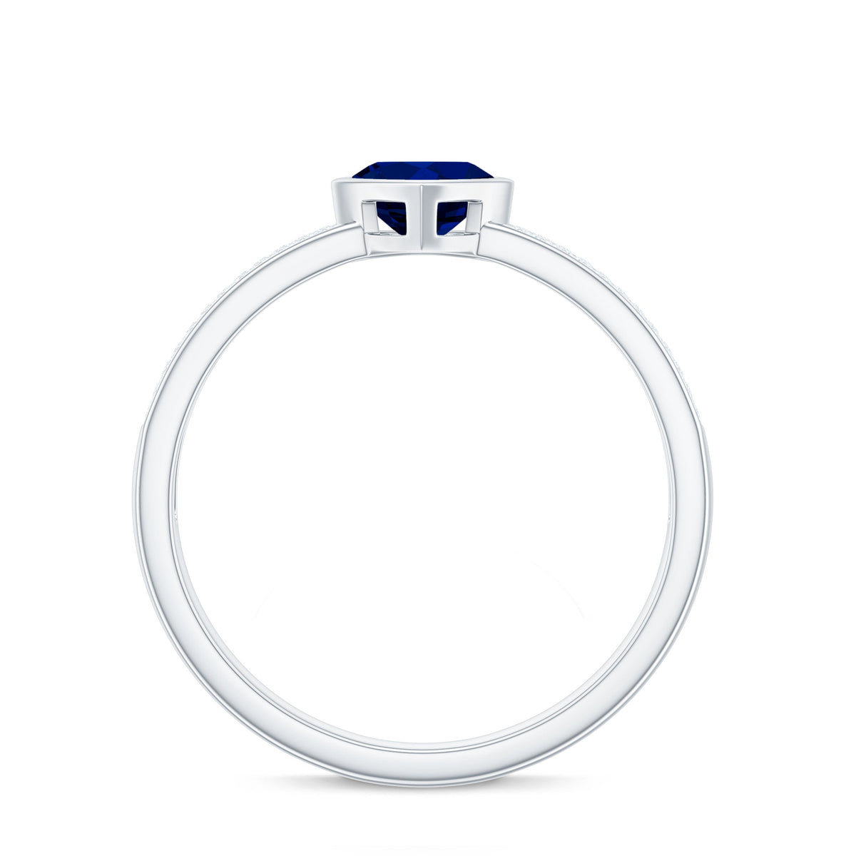 Blue sapphire heart solitaire engagement ring with pave diamond accents by Rosec Jewels, showcasing a sparkling blue gemstone and elegant design.