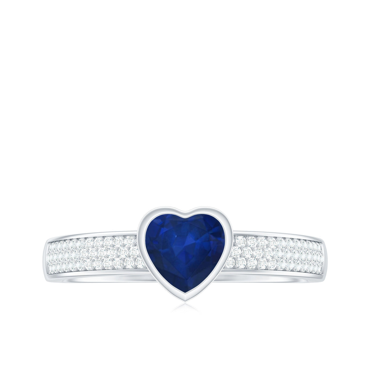 Blue sapphire heart solitaire engagement ring with pave diamonds from Rosec Jewels, showcasing a sparkling blue sapphire centerpiece.
