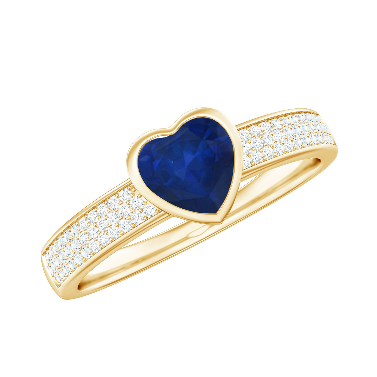 Blue sapphire heart solitaire engagement ring with pave diamonds by Rosec Jewels, featuring a central blue sapphire and diamond accents.