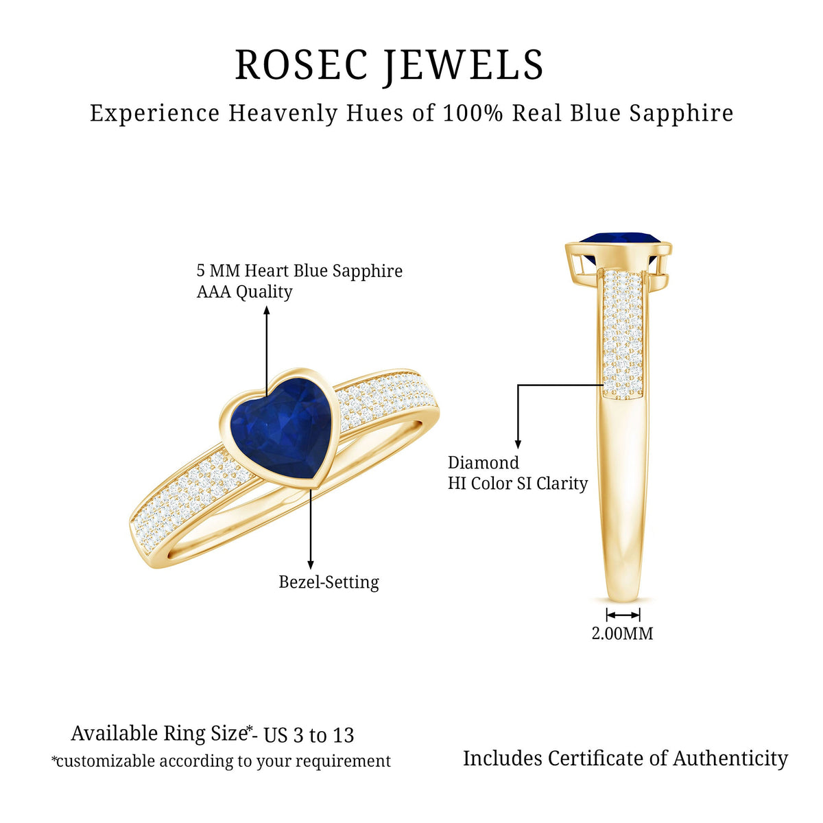 Blue sapphire heart solitaire engagement ring with pave diamonds by Rosec Jewels, showcasing a stunning blue sapphire centerpiece and diamond accents.