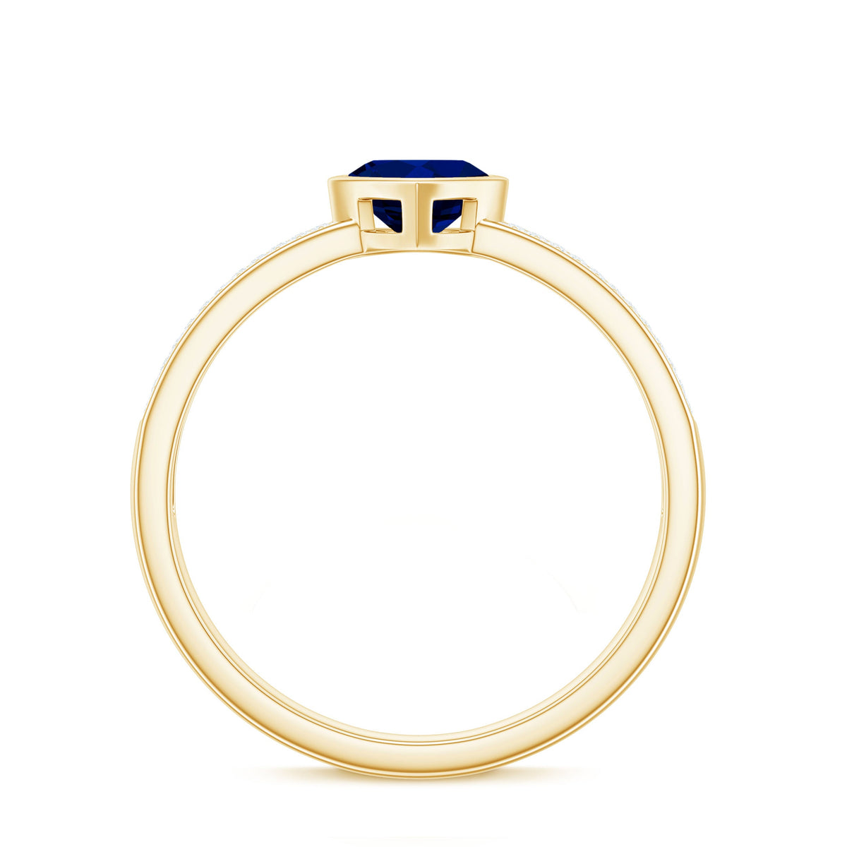 Blue sapphire heart solitaire engagement ring with pave diamonds, crafted by Rosec Jewels, showcasing a detailed view of the ring design.
