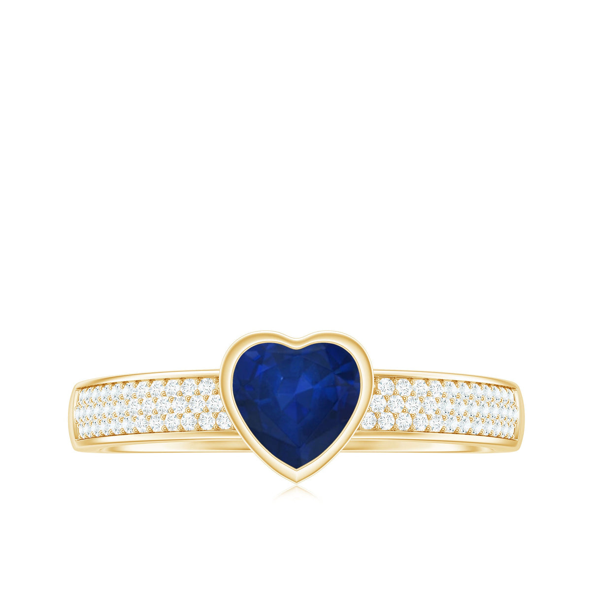 Blue sapphire heart solitaire engagement ring with pave diamonds by Rosec Jewels, showcasing a stunning blue gemstone and intricate diamond accents.