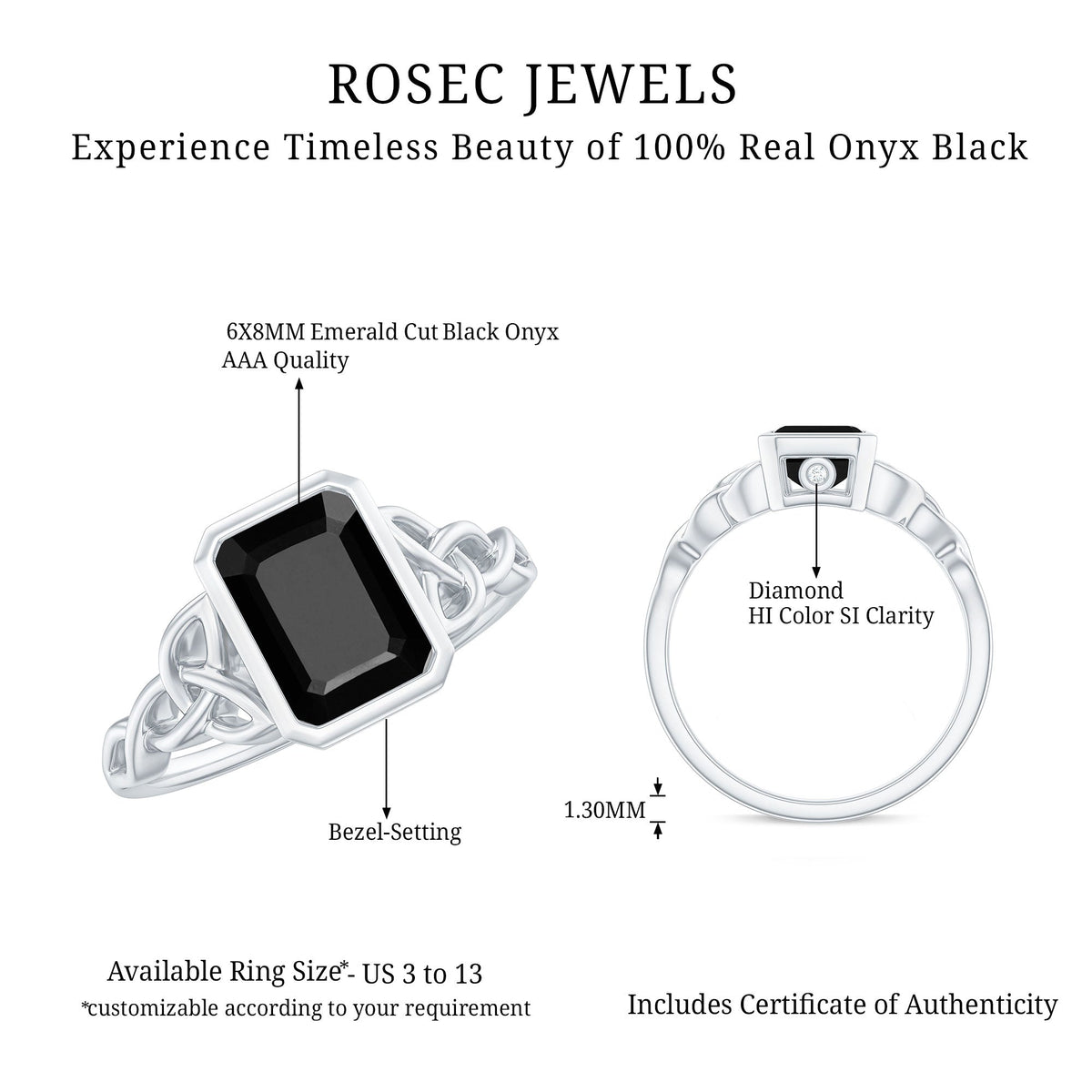 Emerald Cut Black Onyx Bezel Set Engagement Ring with Surprise Diamond