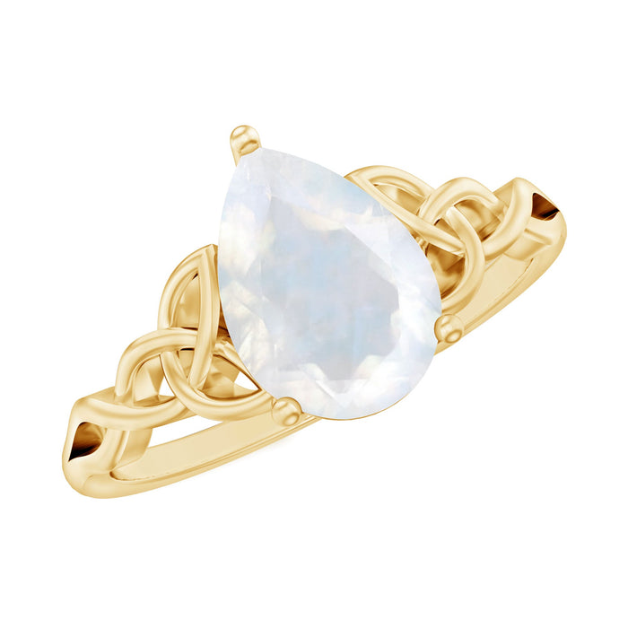 Pear-shaped moonstone solitaire engagement ring with a Celtic band from Rosec Jewels, showcasing the elegant gemstone setting.