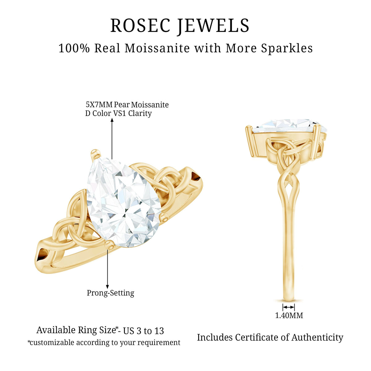 Pear Cut 0.79 Carat Moissanite Celtic Engagement Ring