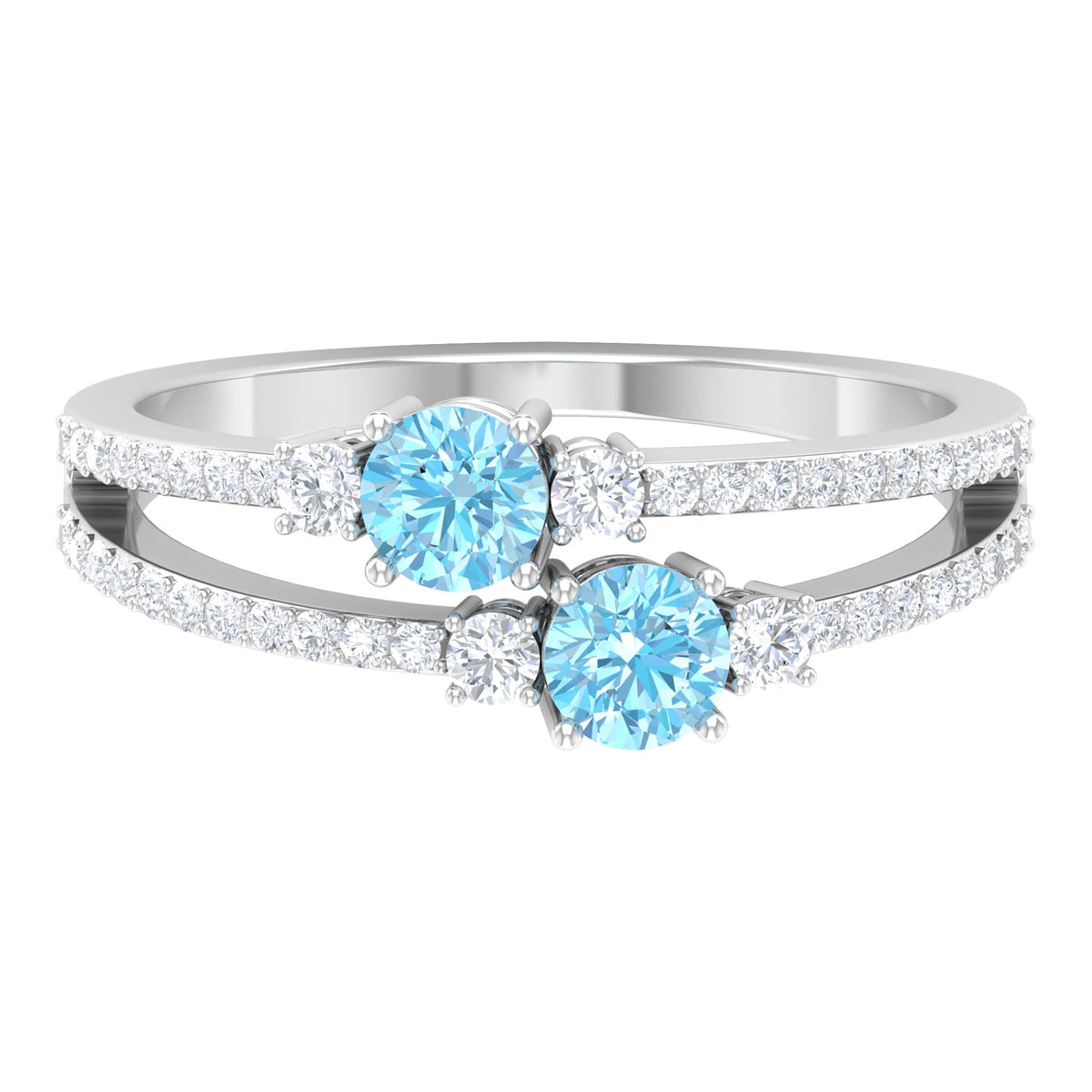 Natural aquamarine and diamond 2-stone promise ring with split shank design from Rosec Jewels, showcasing elegant gemstone setting.