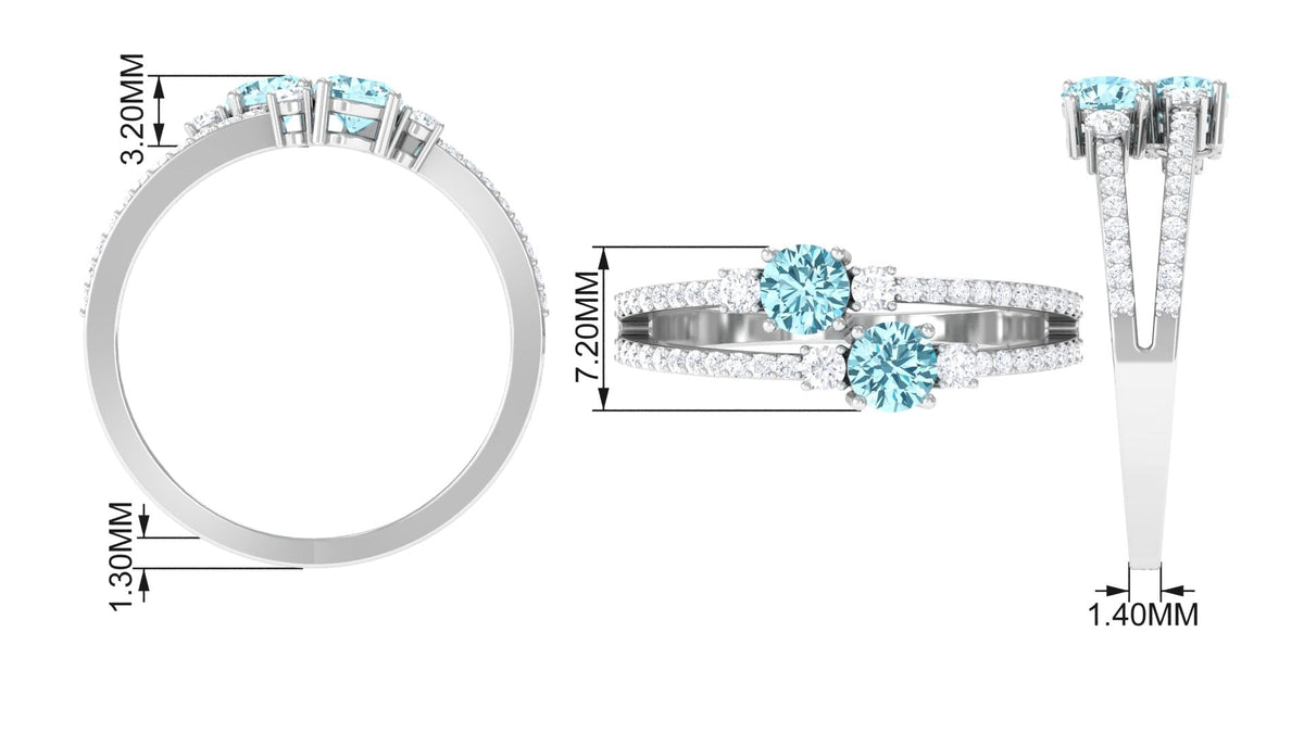 Natural aquamarine and diamond 2-stone promise ring with split shank from Rosec Jewels, showcasing elegant gemstone details.