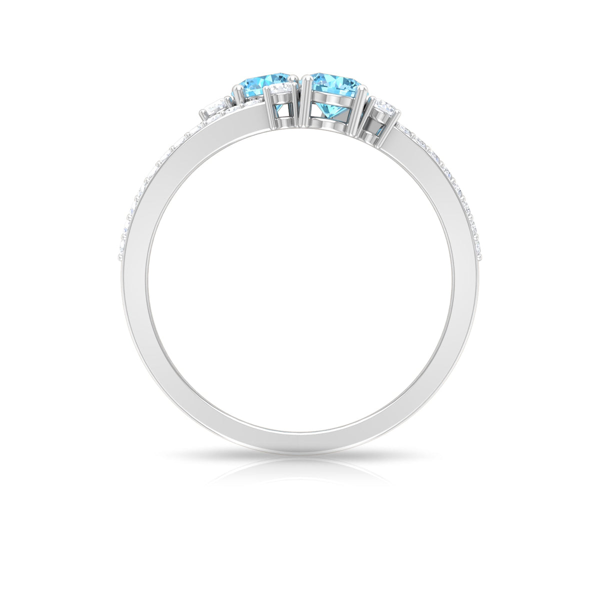 Natural aquamarine and diamond 2-stone promise ring with split shank design by Rosec Jewels, showcasing elegant craftsmanship.