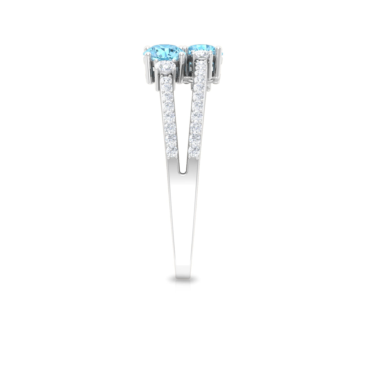 Natural aquamarine and diamond 2-stone promise ring with split shank design from Rosec Jewels, featuring elegant craftsmanship.