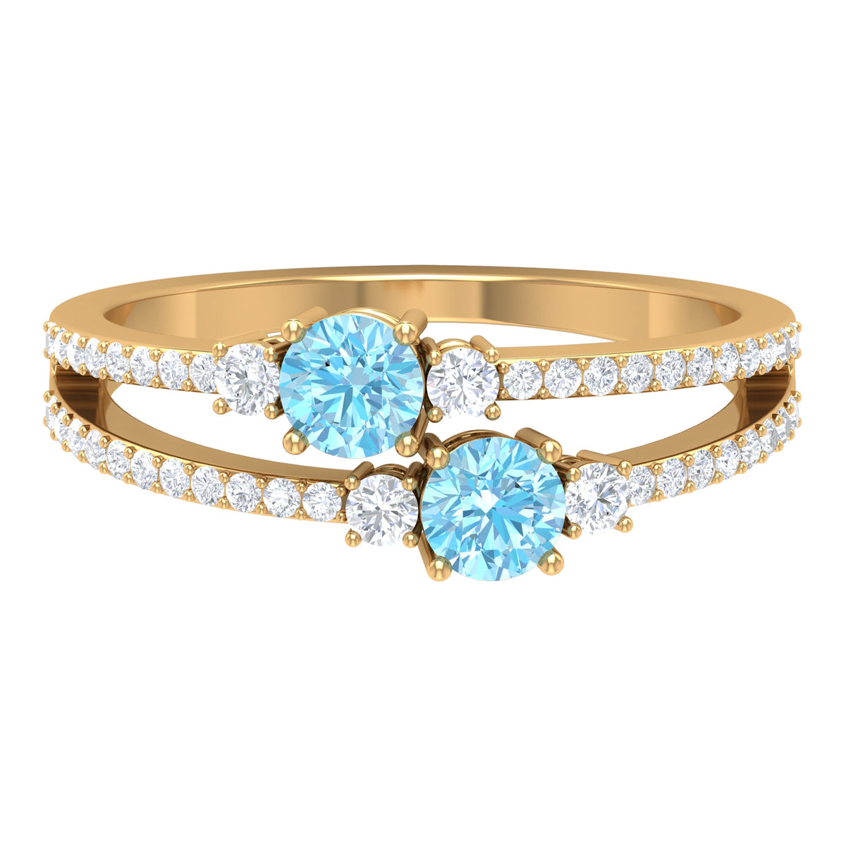Natural aquamarine and diamond 2-stone promise ring with split shank design by Rosec Jewels.