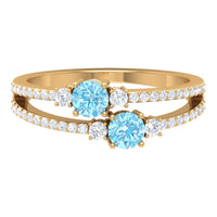 Natural aquamarine and diamond 2-stone promise ring with split shank design by Rosec Jewels.