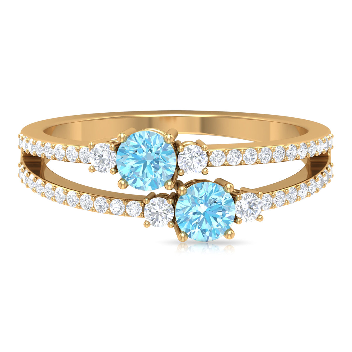 Natural aquamarine and diamond 2-stone promise ring with split shank design by Rosec Jewels, showcasing elegant gemstone details.