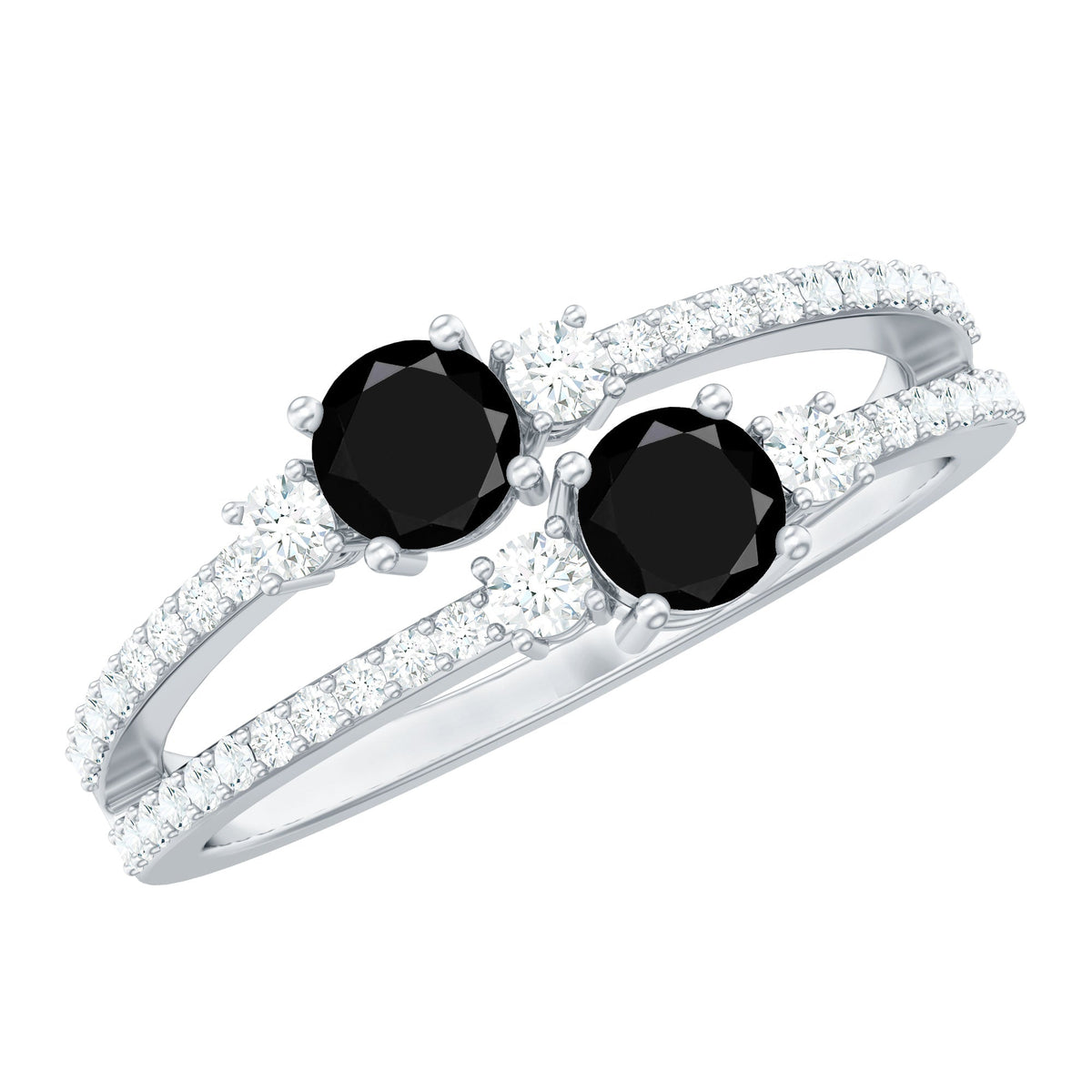 Genuine black onyx two-stone promise ring with small diamonds, featuring a silver band, by Rosec Jewels.