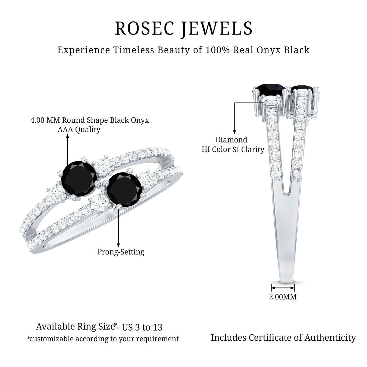 Genuine black onyx two-stone promise ring with diamond accents, featuring a sleek band and elegant design, by Rosec Jewels.