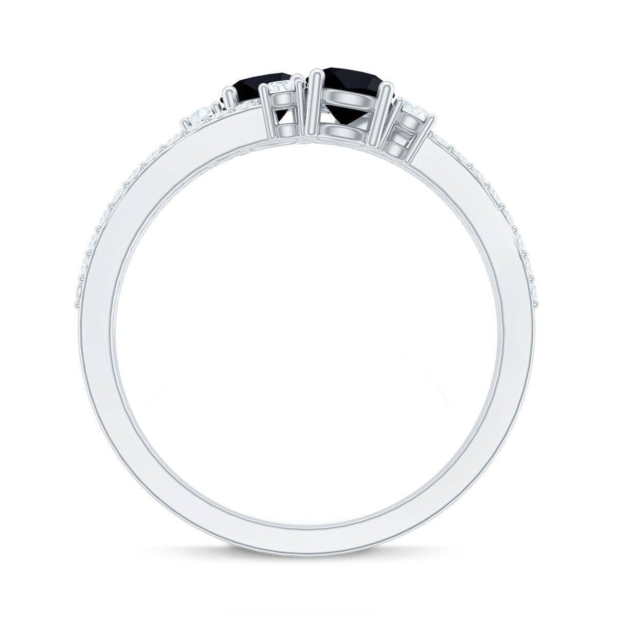 Genuine black onyx and diamond two-stone promise ring by Rosec Jewels, featuring polished black onyx stones and sparkling diamonds.