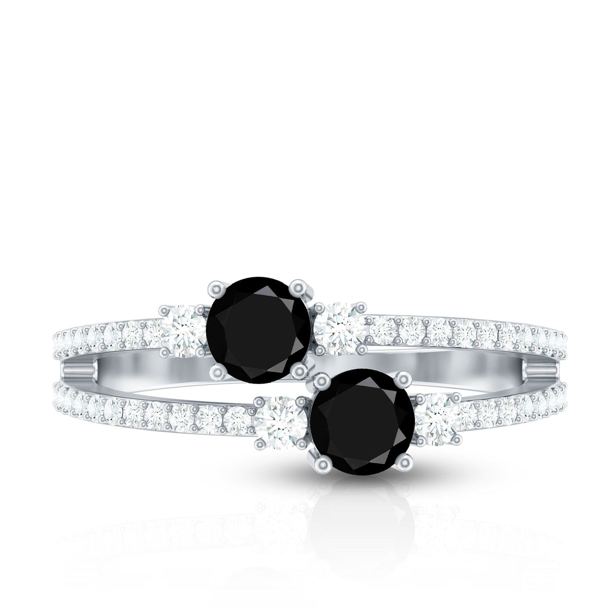 Genuine black onyx two-stone promise ring with diamond accents from Rosec Jewels, showcasing polished black stones and sparkling diamonds.