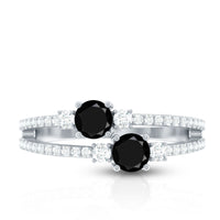 Genuine black onyx two-stone promise ring with diamond accents from Rosec Jewels, showcasing polished black stones and sparkling diamonds.