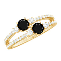Genuine black onyx two-stone promise ring with diamond accents from Rosec Jewels, featuring a sleek gold band and elegant design.