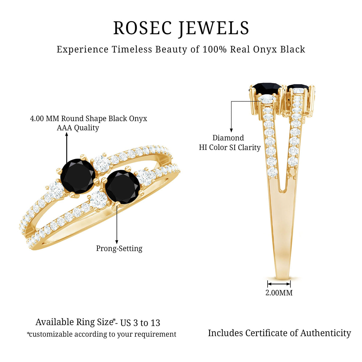 Black onyx and diamond two-stone promise ring from Rosec Jewels, featuring elegant black gemstone and sparkling accents.