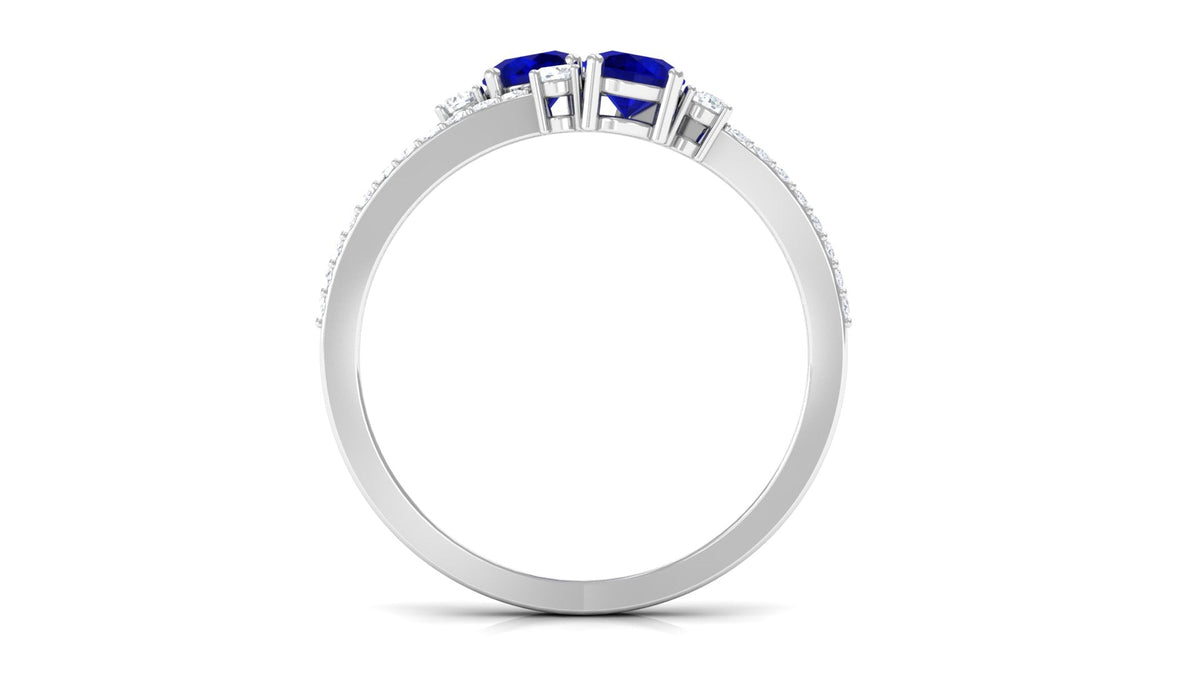 Real Blue Sapphire Two Stone Anniversary Ring with Diamond