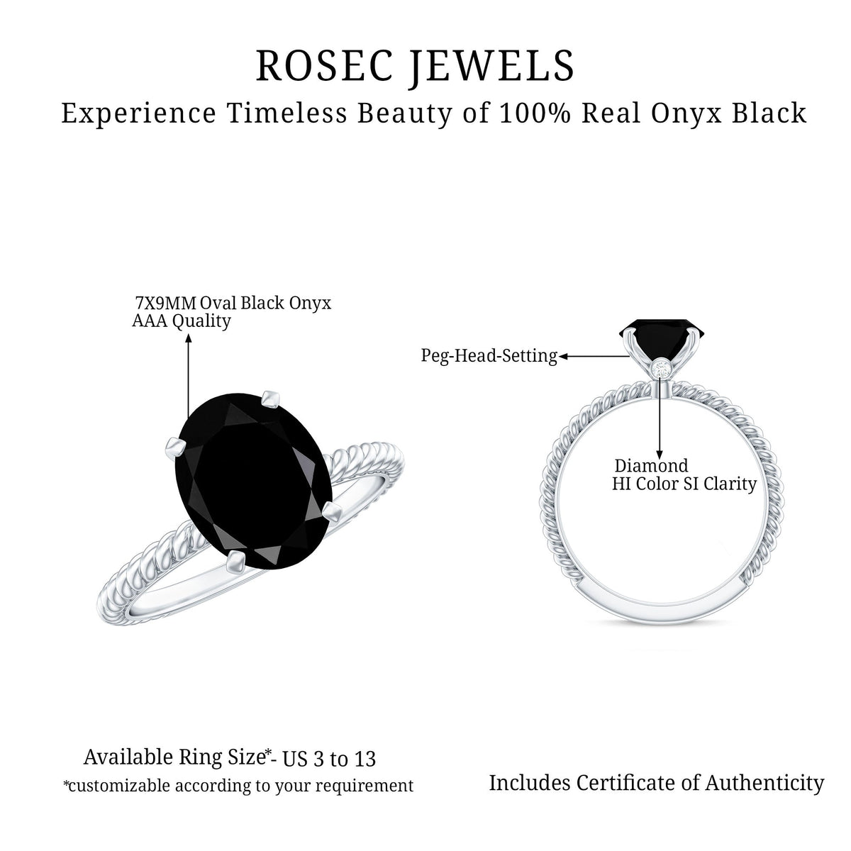 Oval cut black onyx solitaire engagement ring with diamond accents, featuring 7x9mm stone set in a rose gold band.