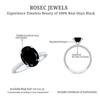 Oval cut black onyx solitaire engagement ring with diamond accents, featuring 7x9mm stone set in a rose gold band.