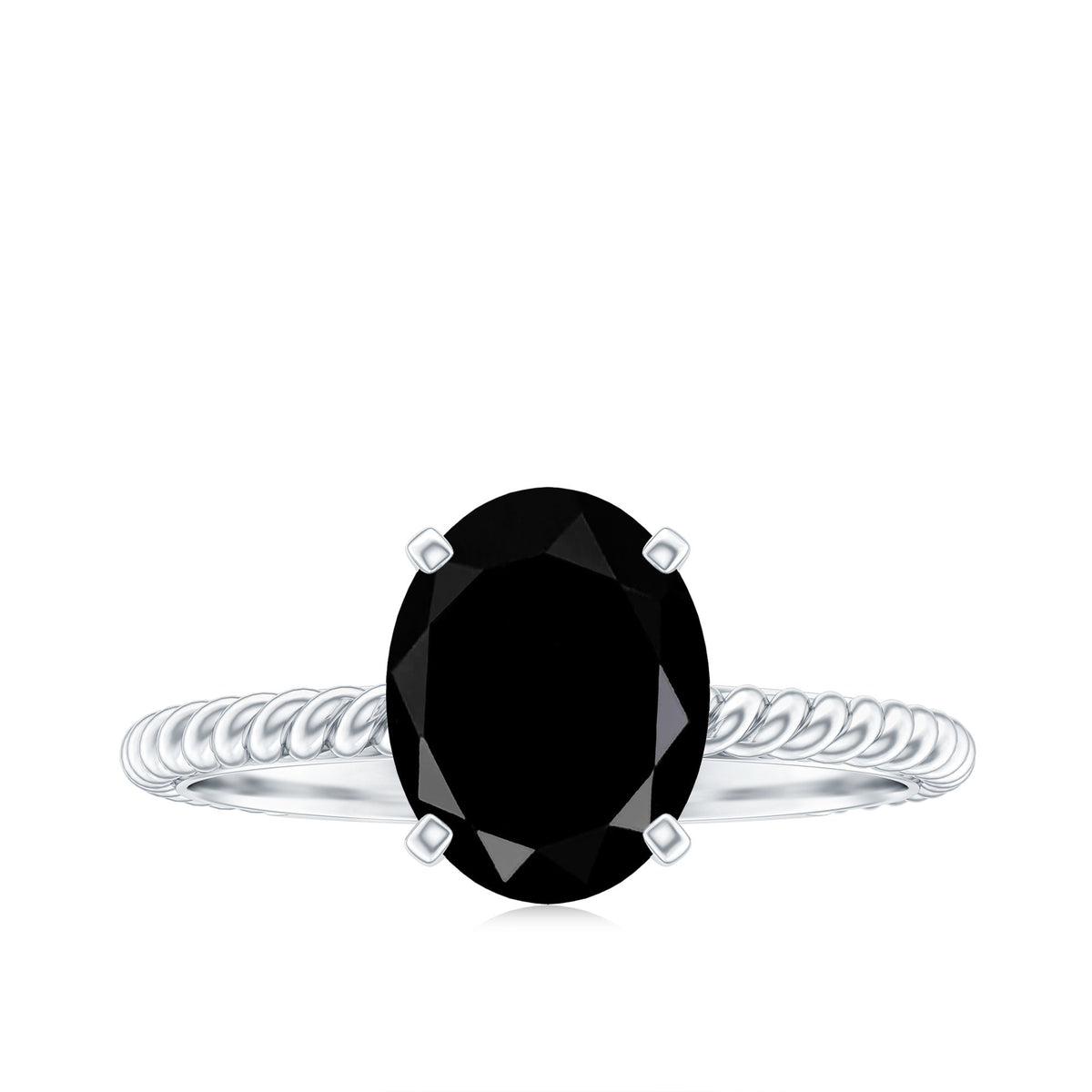 Oval cut black onyx solitaire engagement ring with diamond accents, featuring a sleek design and silver band by Rosec Jewels.
