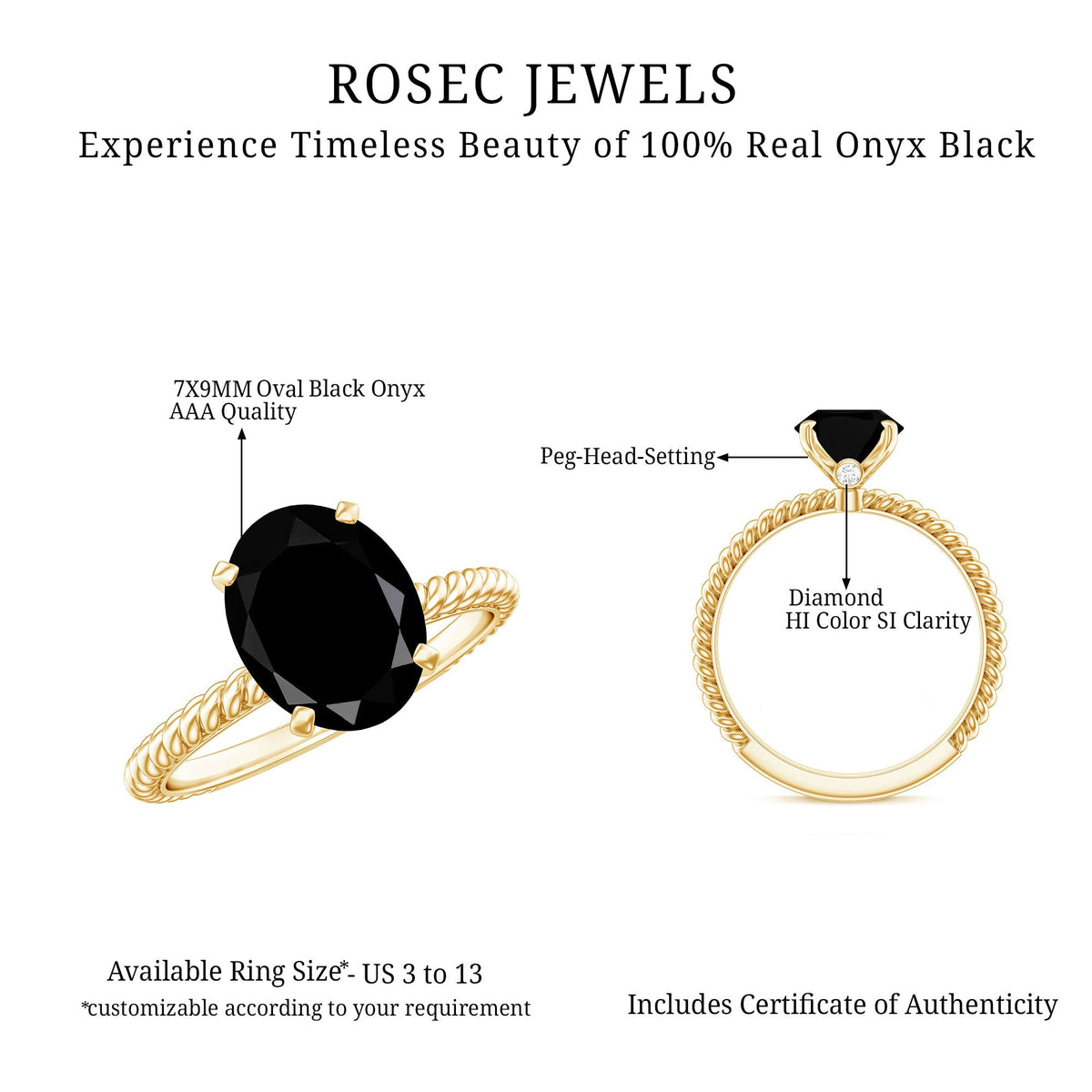 Oval cut black onyx solitaire engagement ring with diamond accent by Rosec Jewels, showcasing the elegant black gemstone setting.