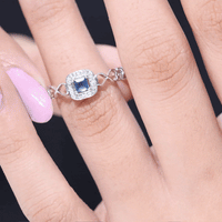 Natural princess cut blue sapphire diamond promise ring with infinity heart shank, crafted by Rosec Jewels.