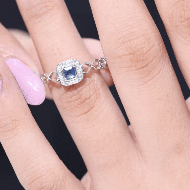 Natural princess cut blue sapphire diamond promise ring with infinity heart shank, crafted by Rosec Jewels.