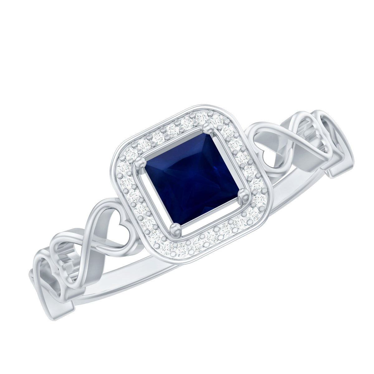 Natural princess cut blue sapphire diamond promise ring with infinity heart shank by Rosec Jewels, featuring a sparkling blue gemstone.