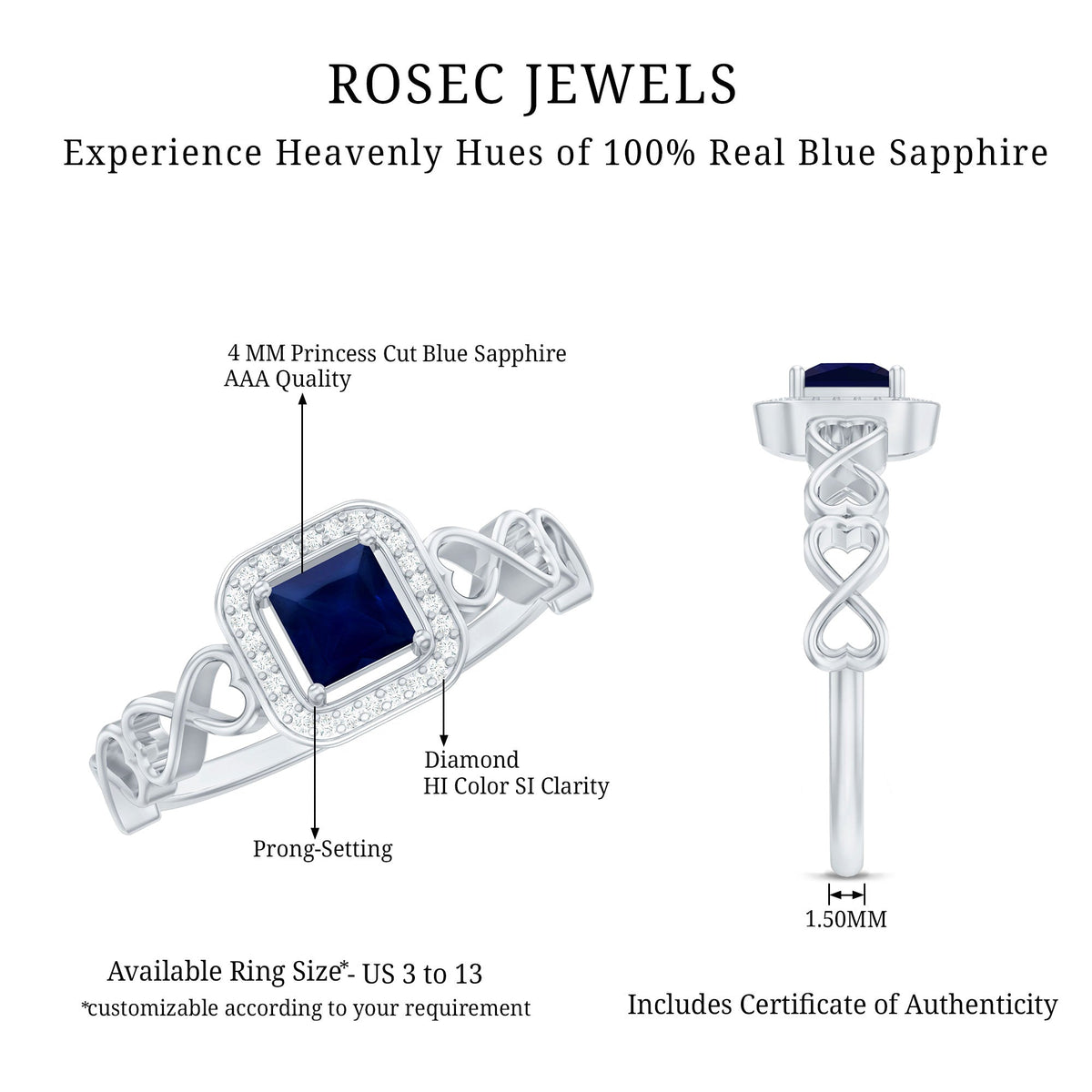 Natural princess cut blue sapphire diamond promise ring with infinity heart shank, featuring a central blue sapphire and sparkling diamonds.