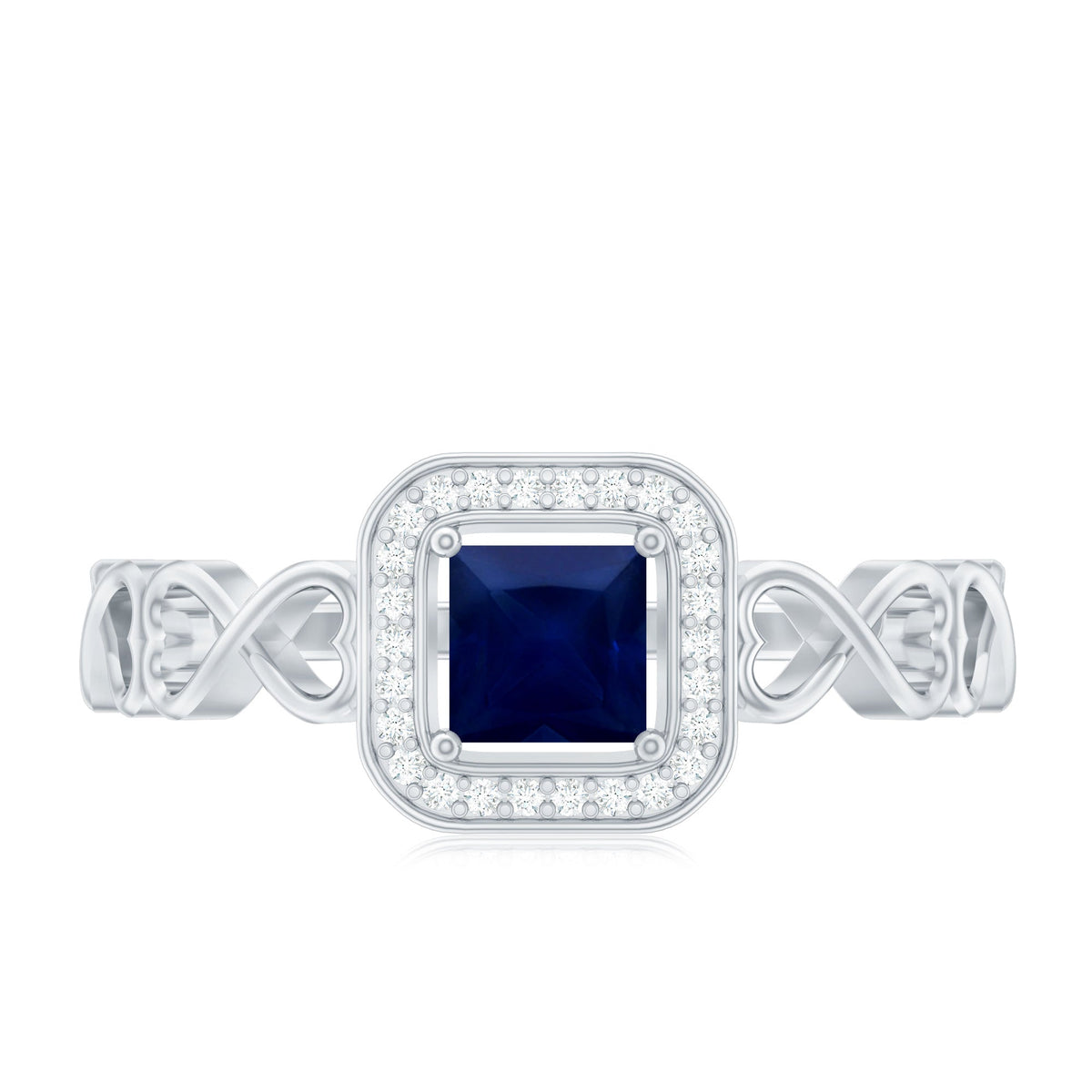 Rosec Jewels natural princess cut blue sapphire diamond promise ring with infinity heart shank, showcasing detailed craftsmanship and elegant design.