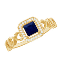 Natural princess cut blue sapphire diamond promise ring with infinity heart shank by Rosec Jewels, showcasing a sparkling blue gemstone.