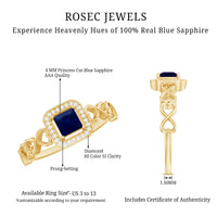 Natural princess cut blue sapphire diamond promise ring with infinity heart shank, featuring sparkling blue gemstone and elegant design.