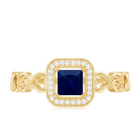 Natural princess cut blue sapphire diamond promise ring with infinity heart shank, showcasing elegant gold band and sparkling gemstones.